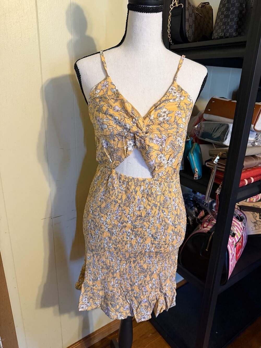Promesa Yellow Floral Cut-Out Mini Dress with Smocked Bodice